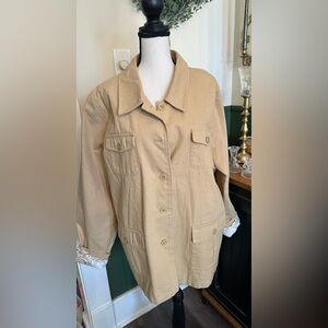 Denim & Co Button Front Utility/Barn Jacket Women Size XLarge Khaki Floral Lined